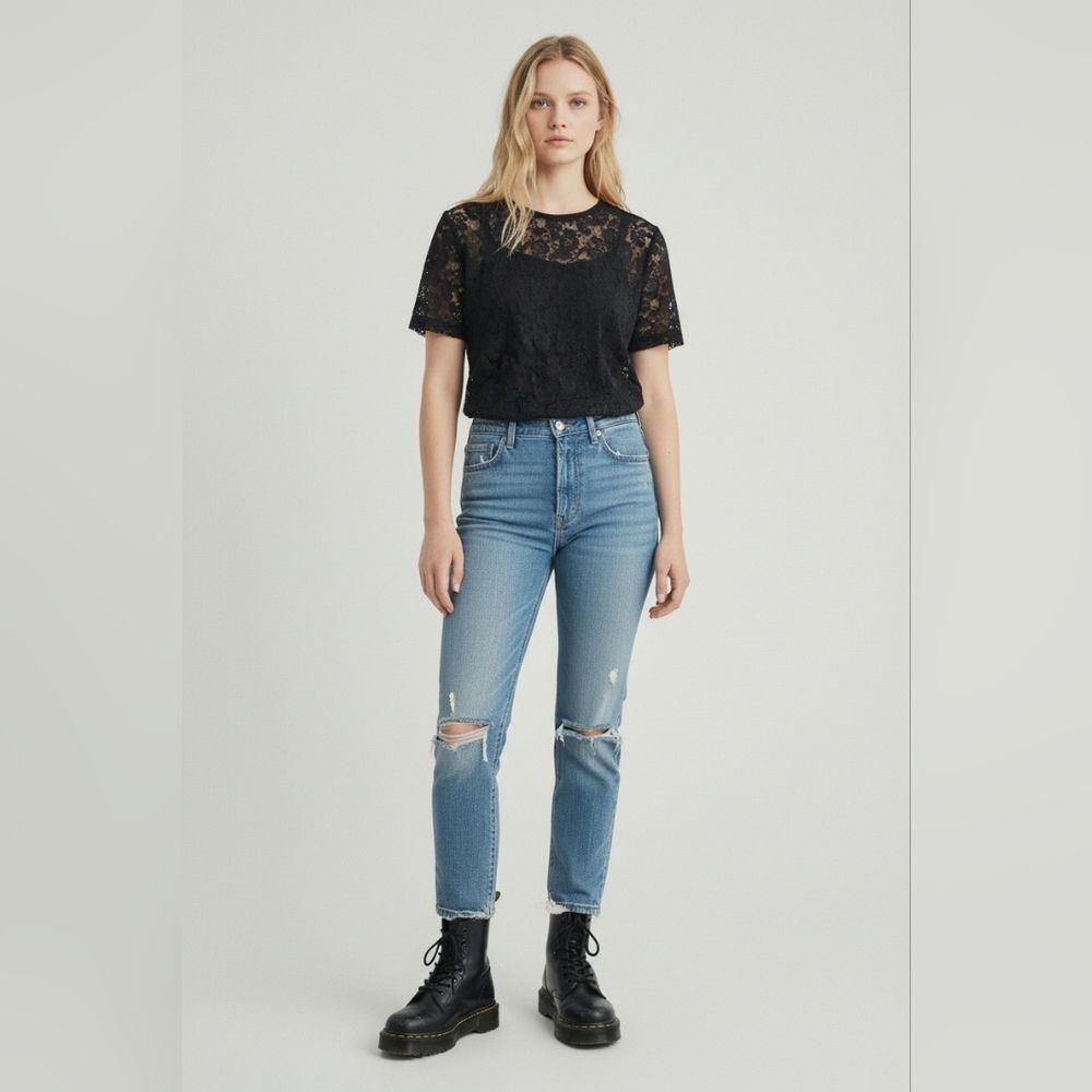 Penmans Vintage Elegant Black Lace Short Sleeve Top